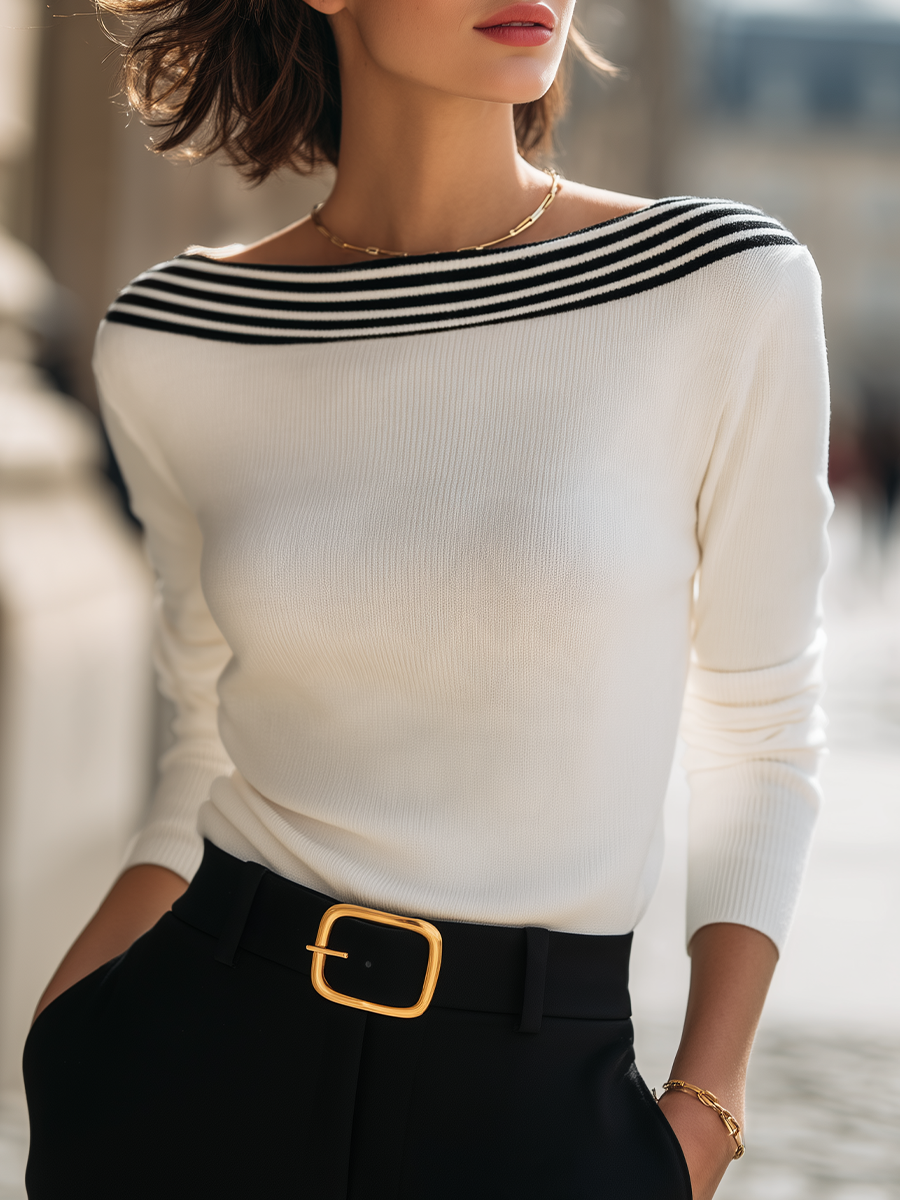 Boat-Neck Contrast-Stripe Ribbed Knit Sweater