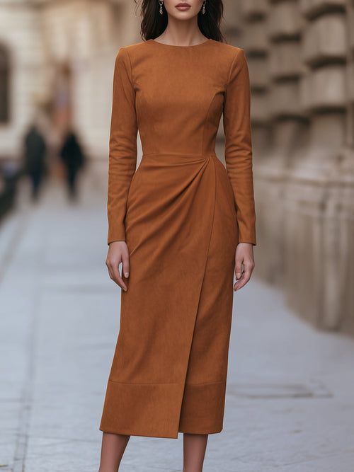 Draped-Waist Suede Midi Dress
