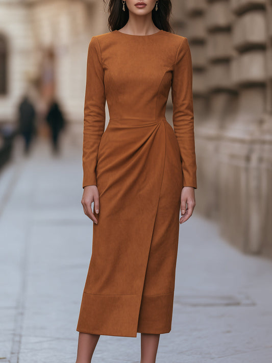 Draped-Waist Suede Midi Dress