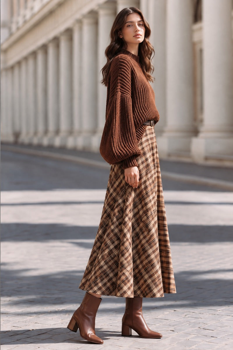 Chunky Knit Sweater & Plaid Midi Skirt Two‑Piece Set