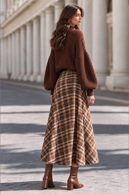Chunky Knit Sweater & Plaid Midi Skirt Two‑Piece Set