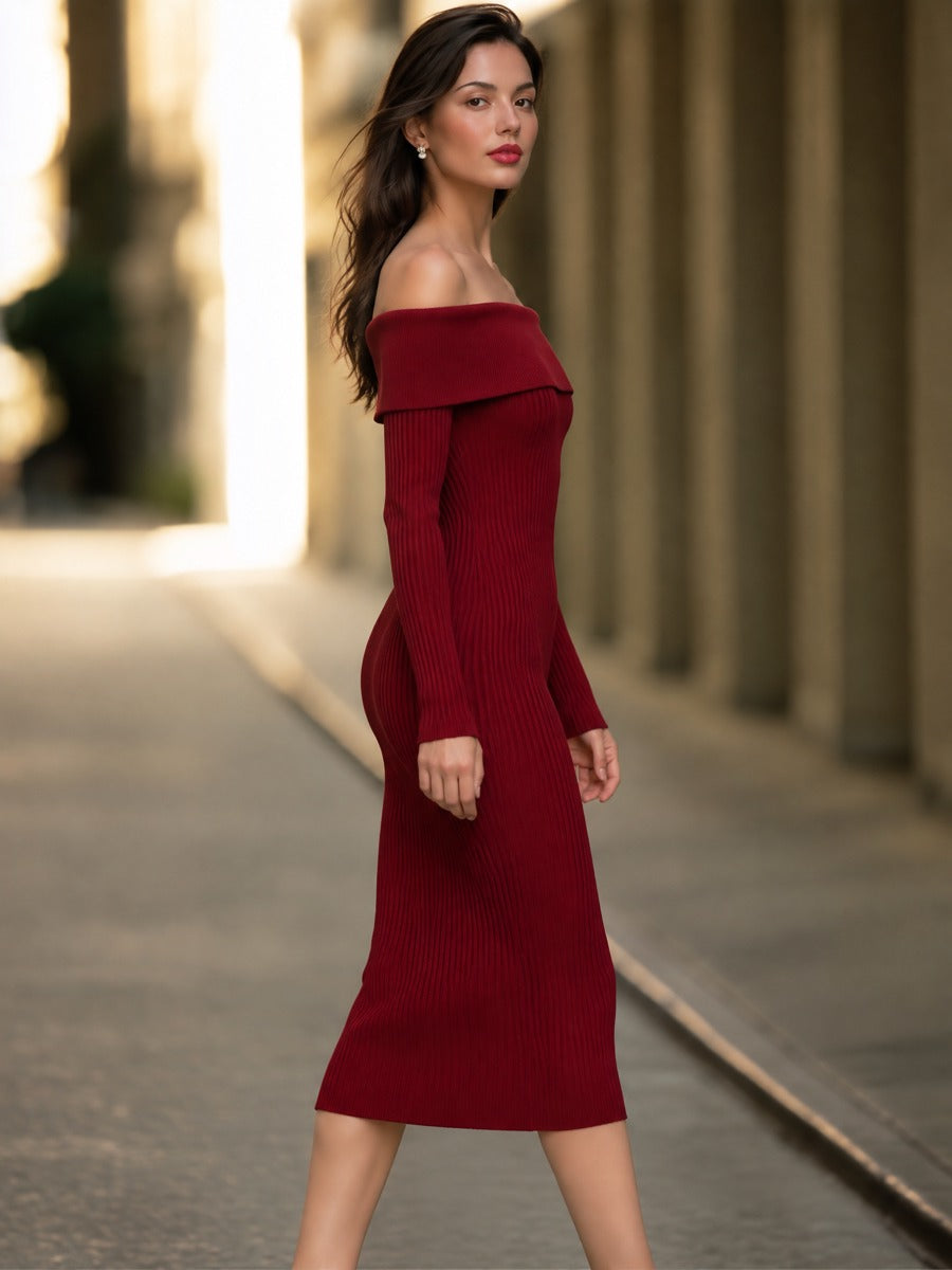 Fold-Over Off-Shoulder Ribbed Knit Midi Dress