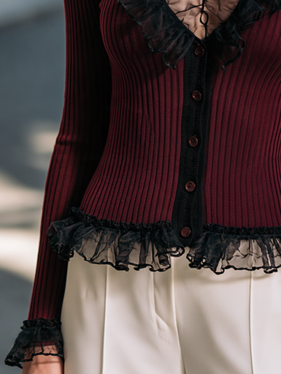 Organza Ruffle Trim Front Button Ribbed Knit Cardigan
