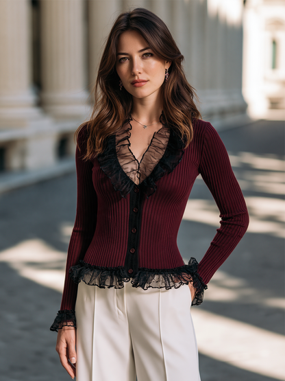 Organza Ruffle Trim Front Button Ribbed Knit Cardigan