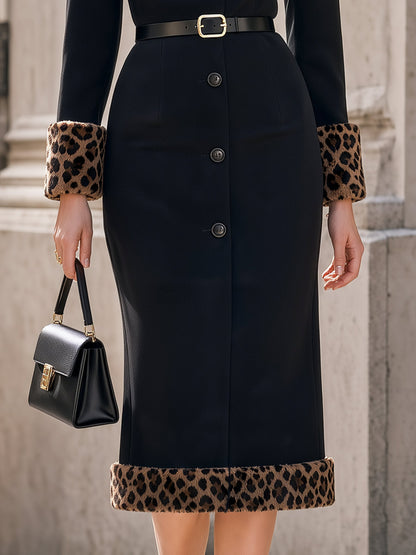 Leopard Faux Fur Cuff & Hem Belted Midi Dress