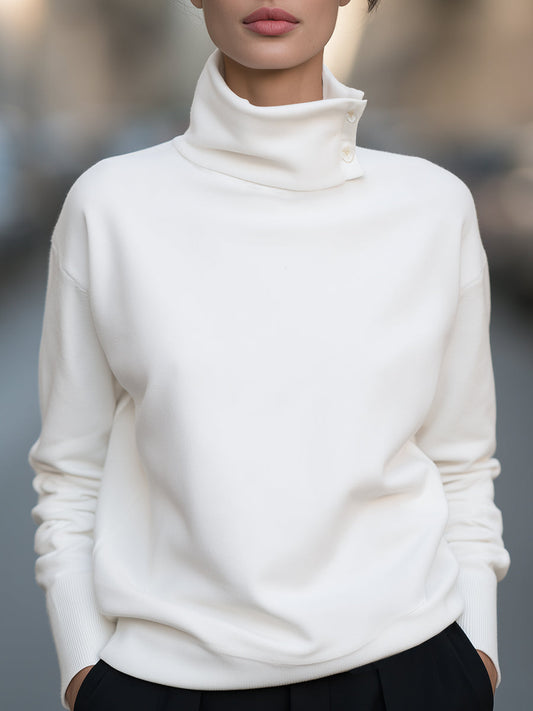 Women's Oversized High Collar Fleece Sweatshirt with Button Detail