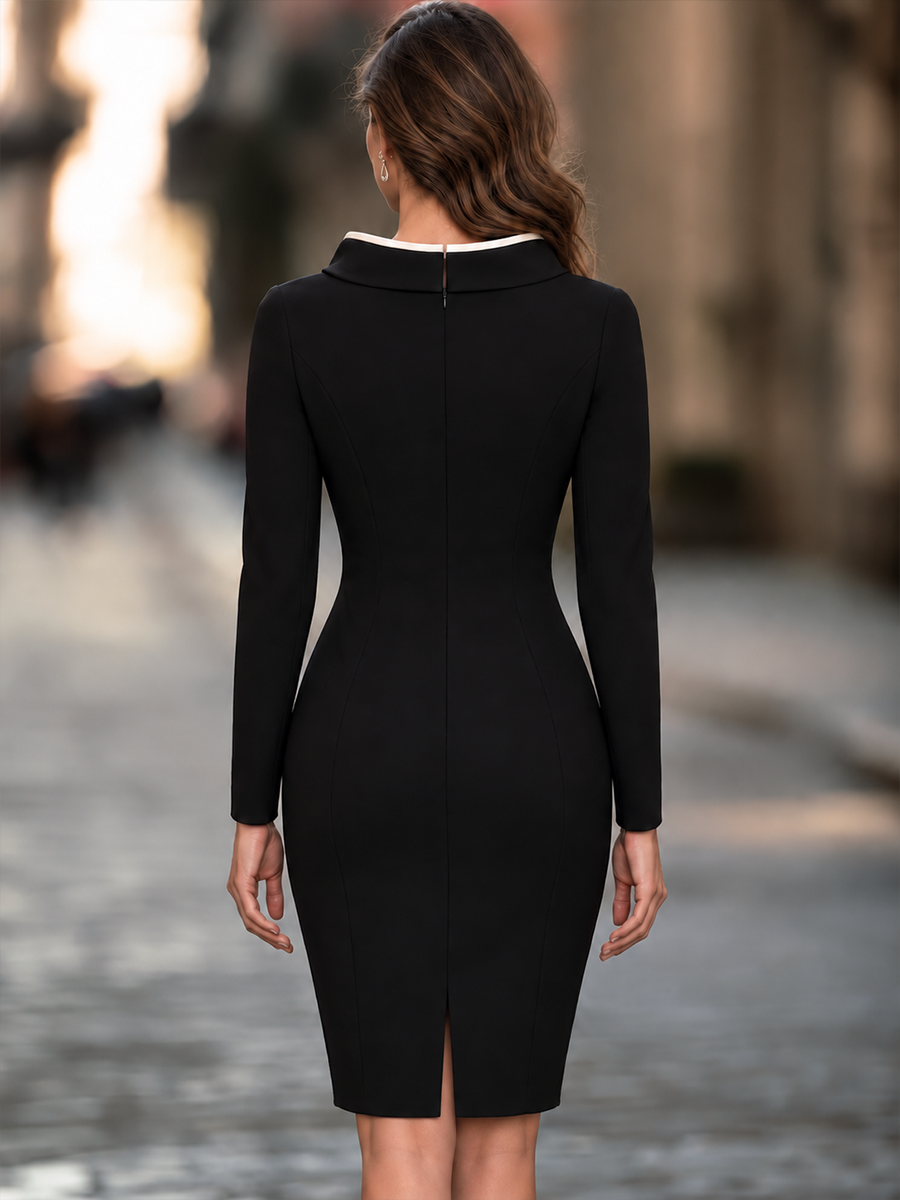 Contrast-Trim Rolled Collar Sheath Midi Dress