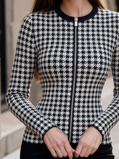 Houndstooth Zip-Up Long Sleeve Slim Fit Top
