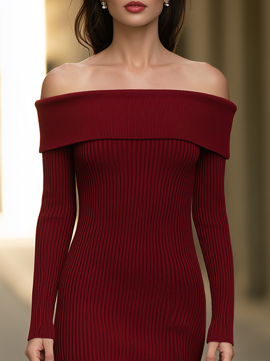 Fold-Over Off-Shoulder Ribbed Knit Midi Dress