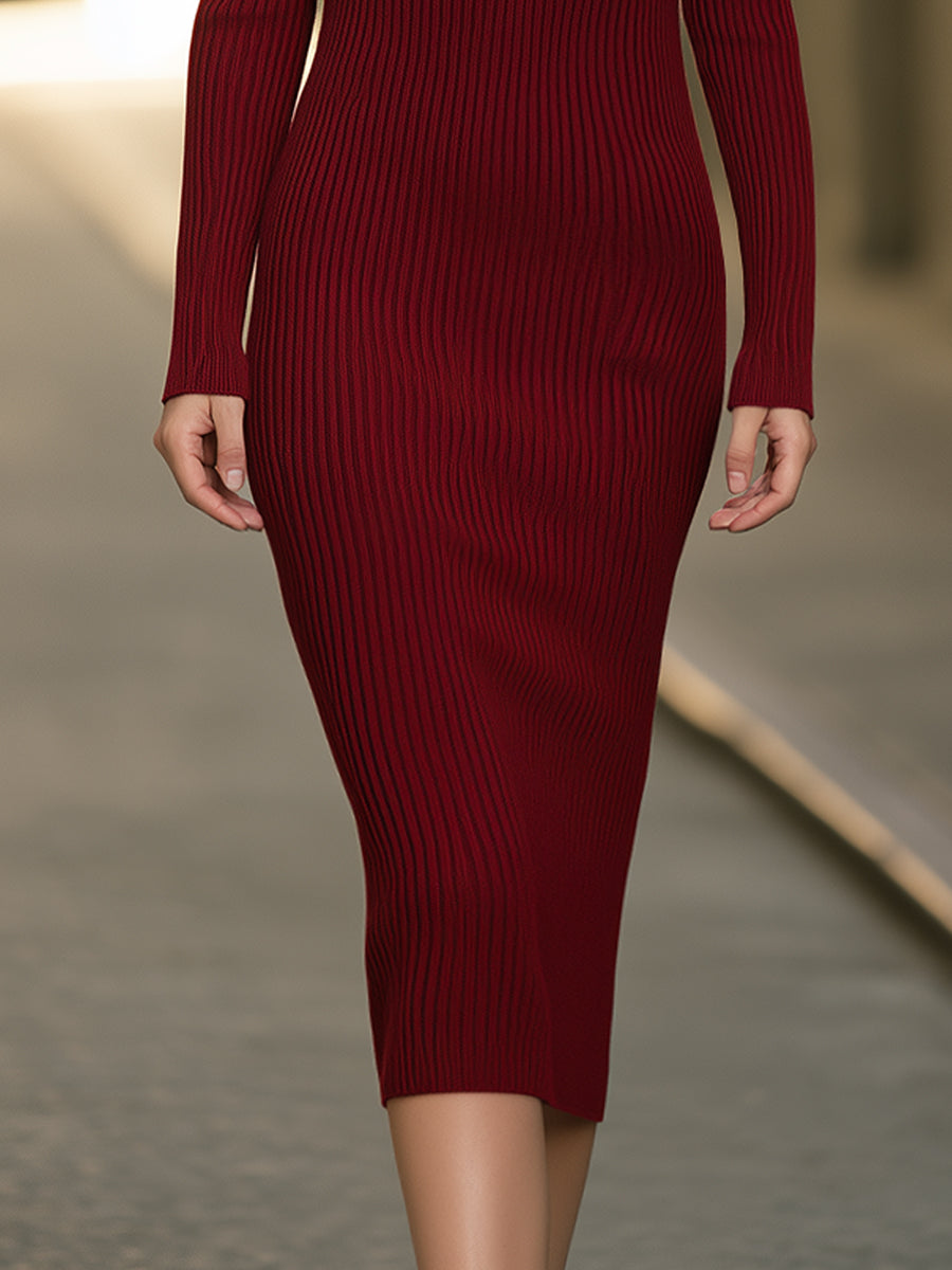 Fold-Over Off-Shoulder Ribbed Knit Midi Dress