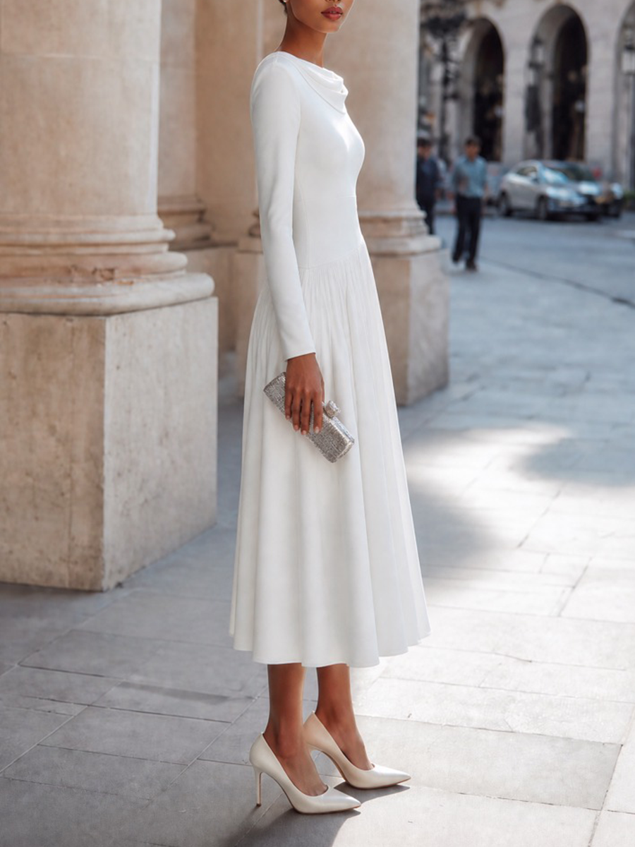 Draped Cowl-Neck Pleated Waist Fit-and-Flare Midi Dress
