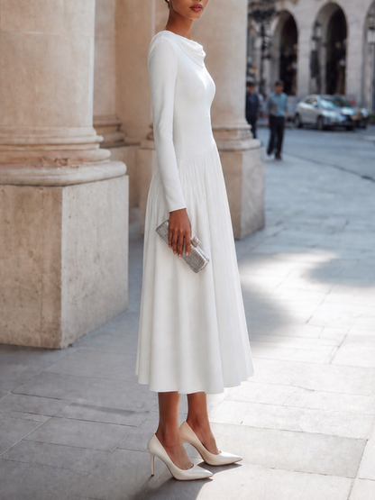 Draped Cowl-Neck Pleated Waist Fit-and-Flare Midi Dress