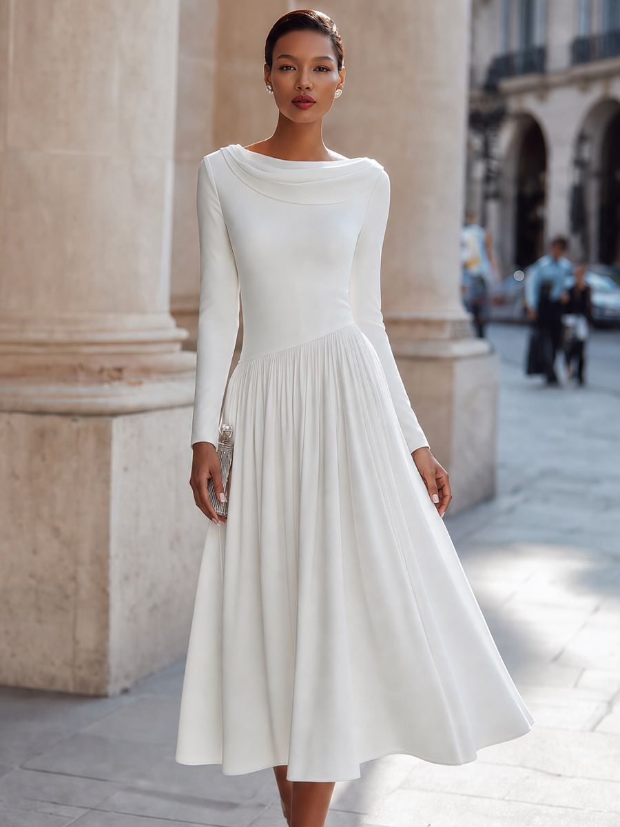 Draped Cowl-Neck Pleated Waist Fit-and-Flare Midi Dress