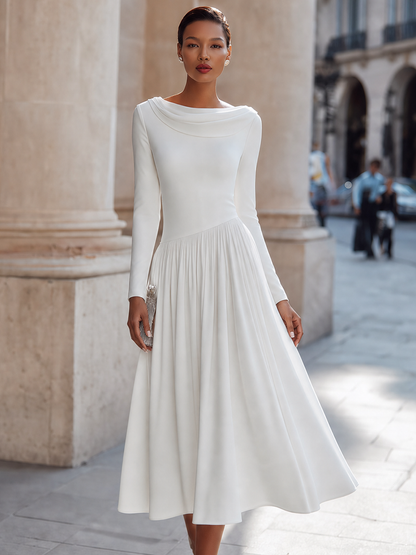Draped Cowl-Neck Pleated Waist Fit-and-Flare Midi Dress