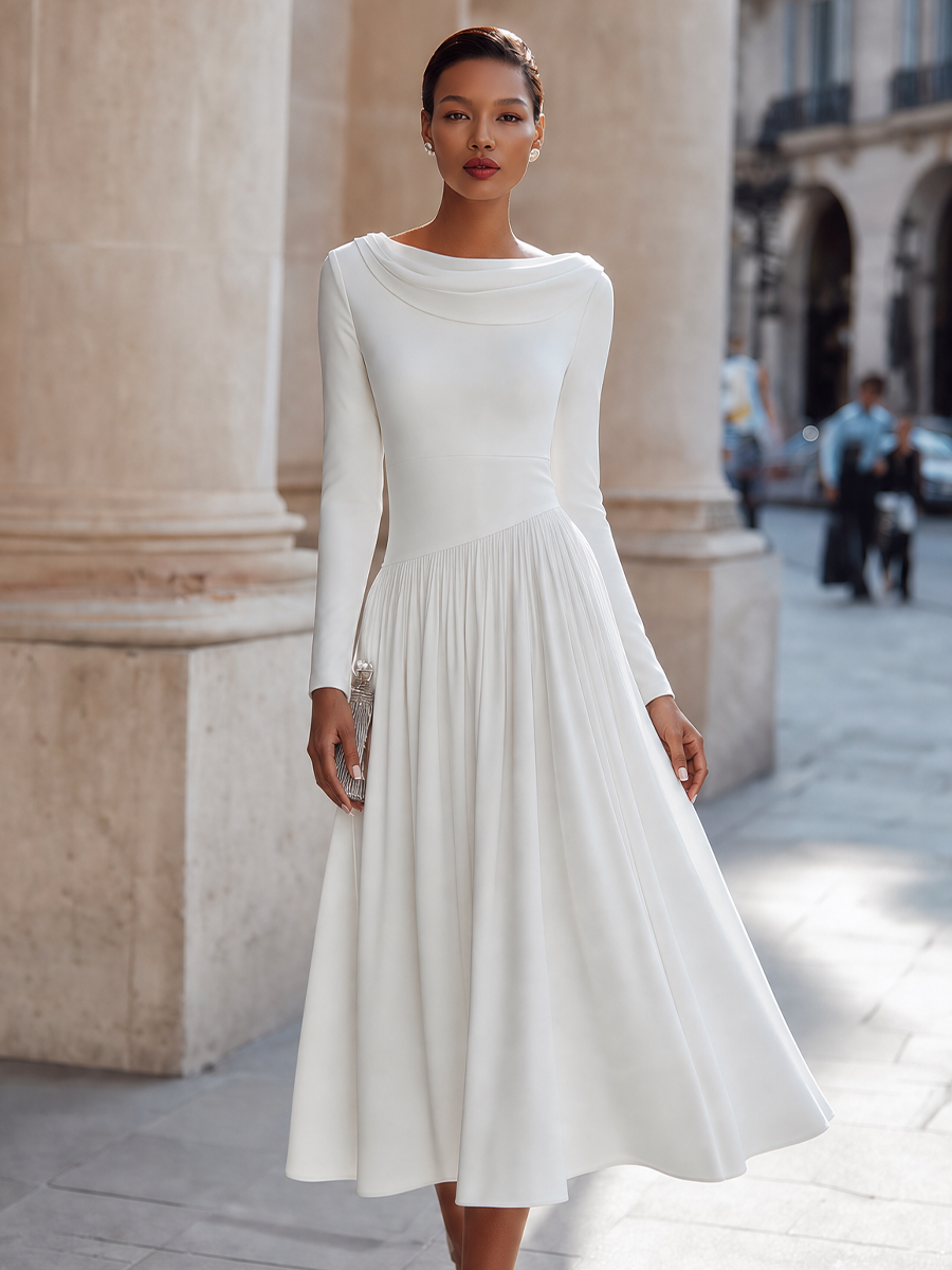 Draped Cowl-Neck Pleated Waist Fit-and-Flare Midi Dress