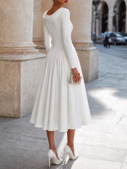 Draped Cowl-Neck Pleated Waist Fit-and-Flare Midi Dress