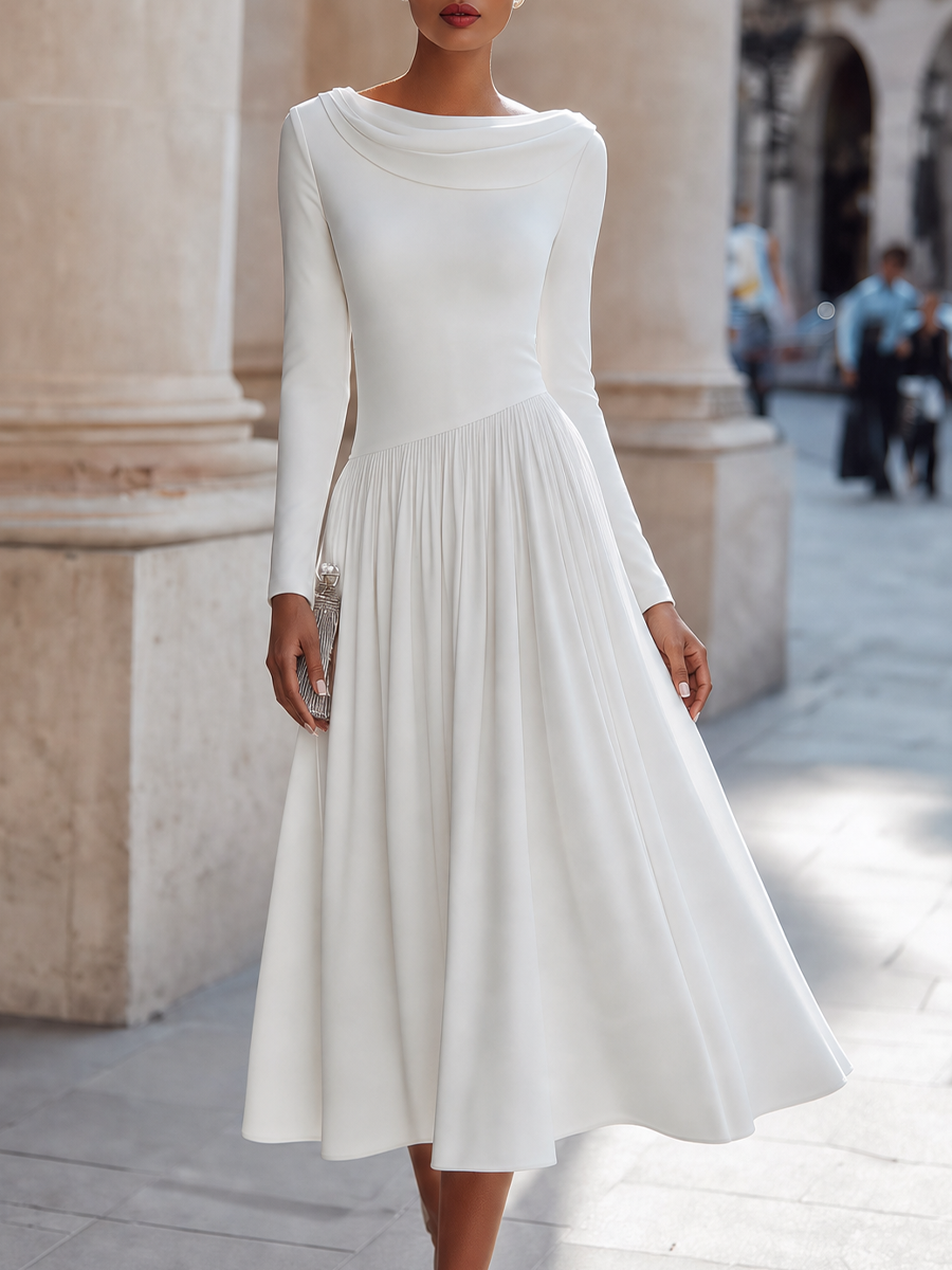 Draped Cowl-Neck Pleated Waist Fit-and-Flare Midi Dress