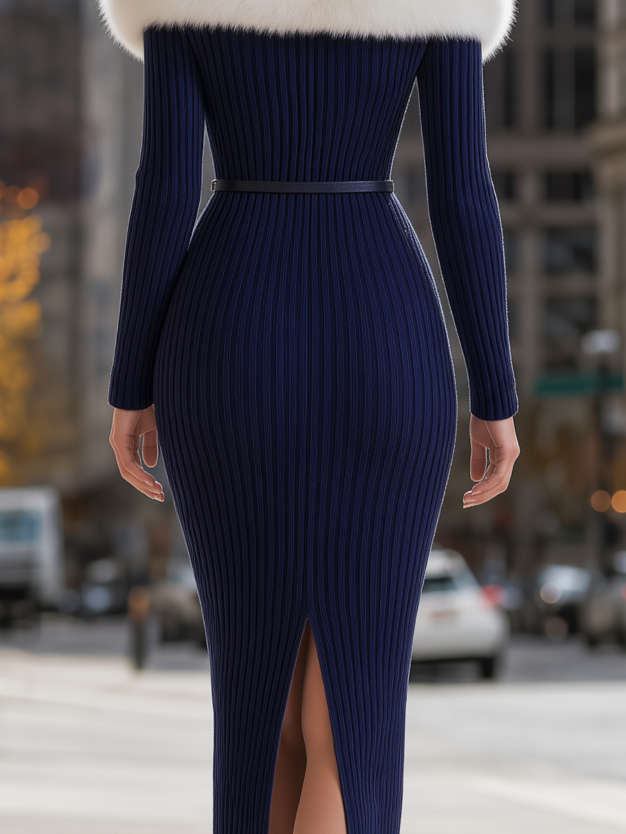 Navy Faux Fur Trim Off-Shoulder Belted Ribbed Knit Bodycon Midi Dress