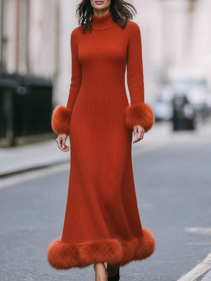 Rust Red Faux Fur Trim Turtleneck Knit Maxi Sweater Dress