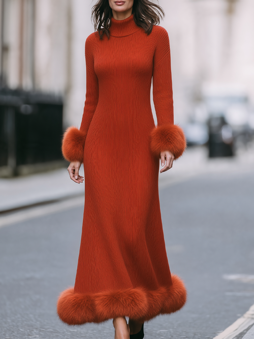 Rust Red Faux Fur Trim Turtleneck Knit Maxi Sweater Dress