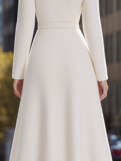 Ivory Faux Fur Hem Surplice V-Neck Belted Knit Midi Wrap Dress