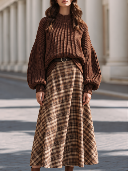 Chunky Knit Sweater & Plaid Midi Skirt Two‑Piece Set