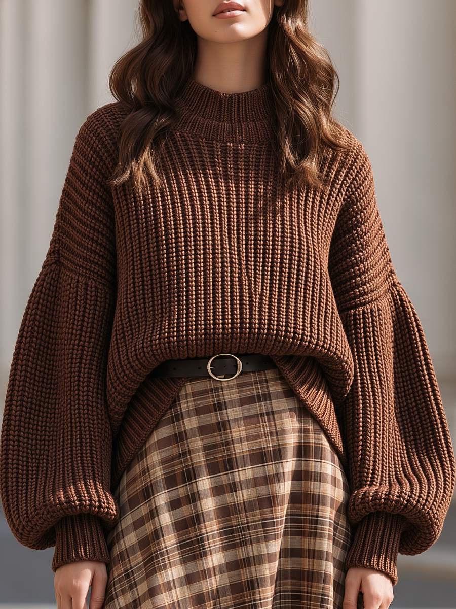 Chunky Knit Sweater & Plaid Midi Skirt Two‑Piece Set