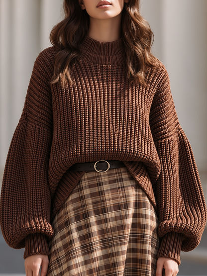 Chunky Knit Sweater & Plaid Midi Skirt Two‑Piece Set