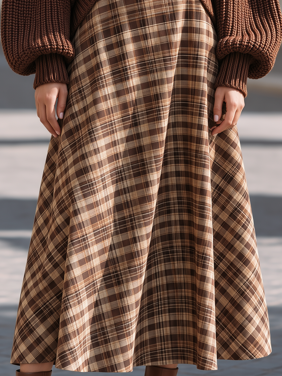Chunky Knit Sweater & Plaid Midi Skirt Two‑Piece Set