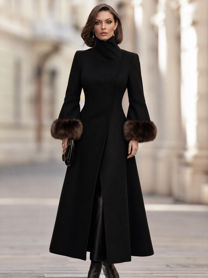 Elegant Faux Fur Cuff Long Wool Blend Coat with Stand Collar