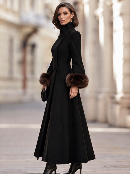 Elegant Faux Fur Cuff Long Wool Blend Coat with Stand Collar