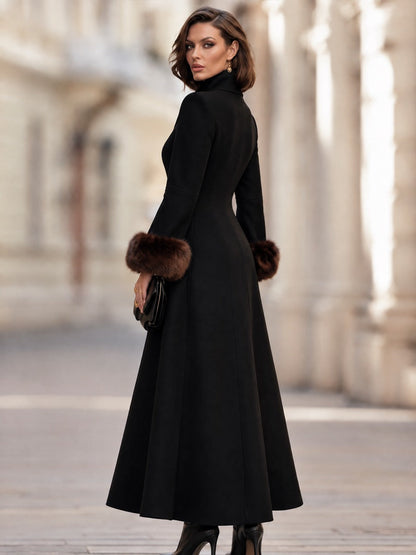 Elegant Faux Fur Cuff Long Wool Blend Coat with Stand Collar