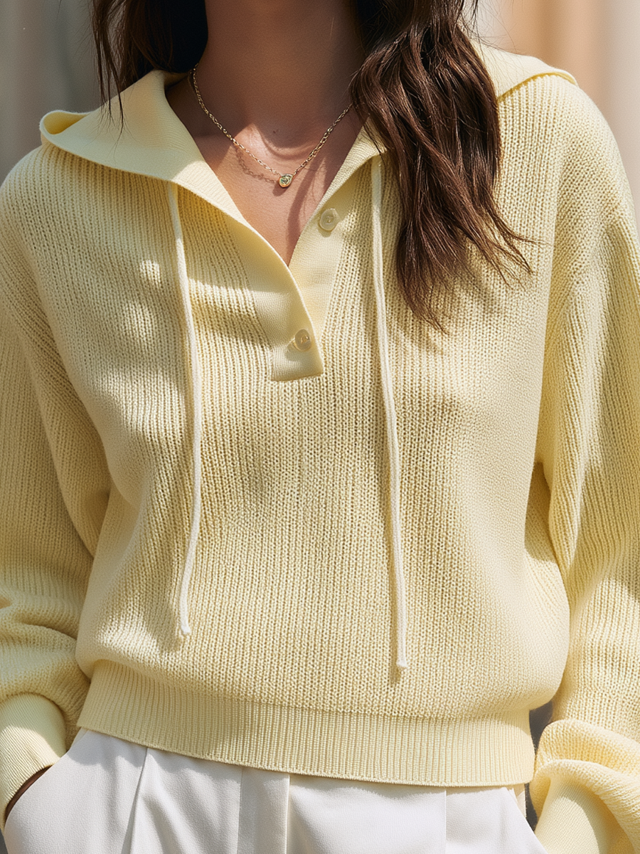 Drawstring Collar Hooded Ribbed Knit Pullover Polo Sweater