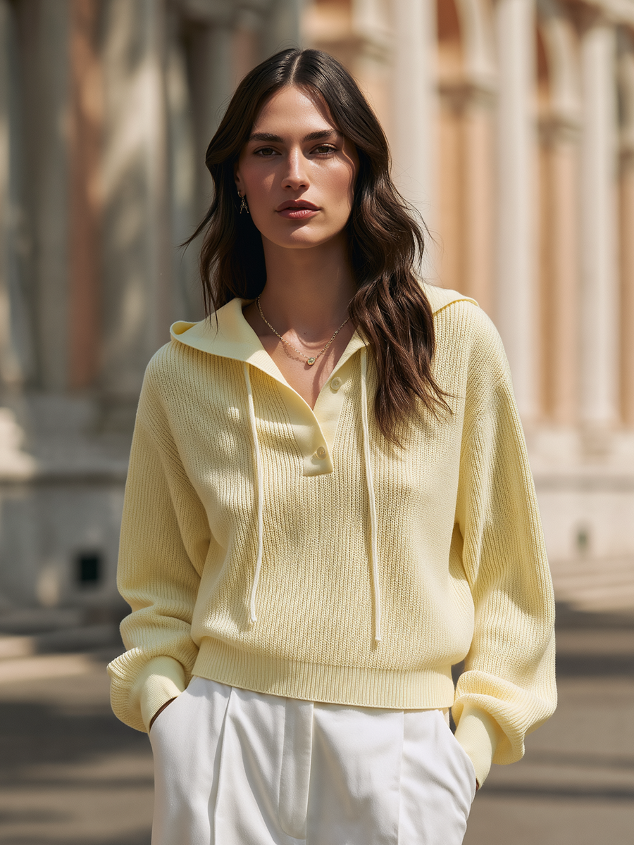 Drawstring Collar Hooded Ribbed Knit Pullover Polo Sweater
