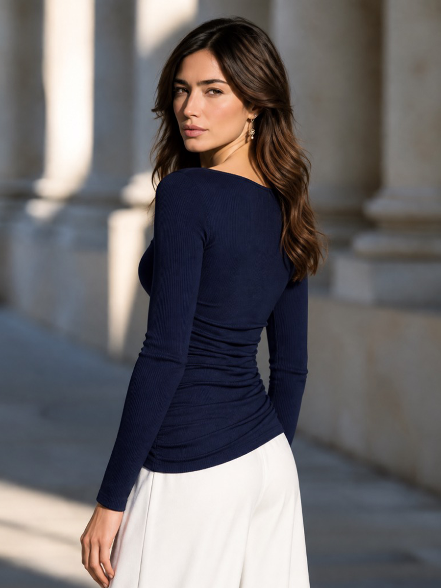 Pearl Buckle Ruched Waist & Asymmetrical Hem Knit Top