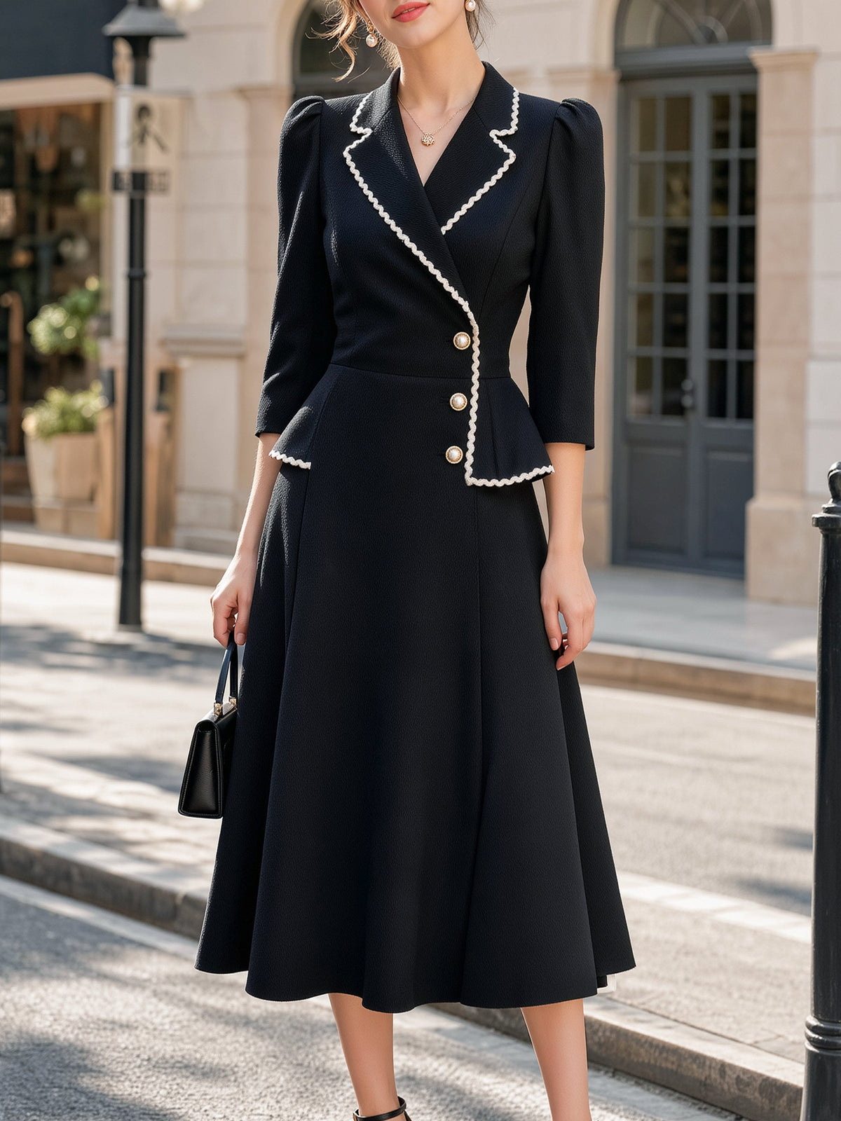 Scallop Trim Peplum Lapel Midi Dress