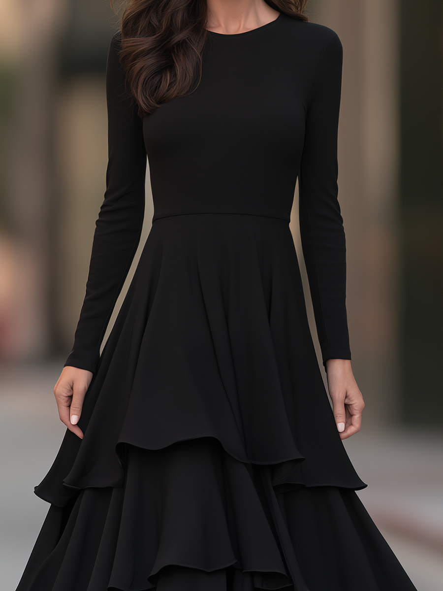 Round-Neck Tiered Ruffle Fit-and-Flare Maxi Dress