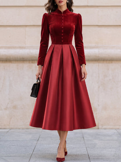 Mandarin Collar Velvet Satin Mix Midi Fit And Flare Dress