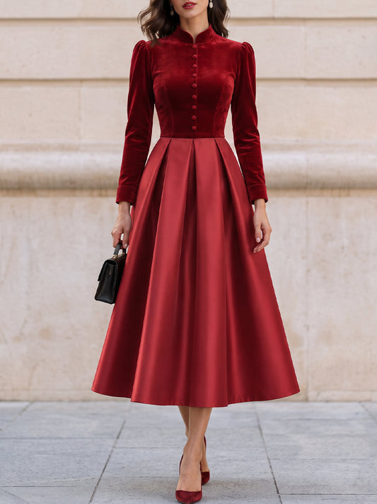 Mandarin Collar Velvet Satin Mix Midi Fit And Flare Dress