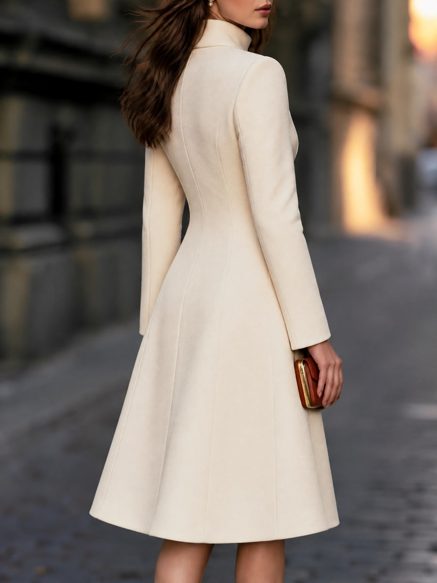 Mock Neck Asymmetric Faux-Placket A-Line Coat Dress