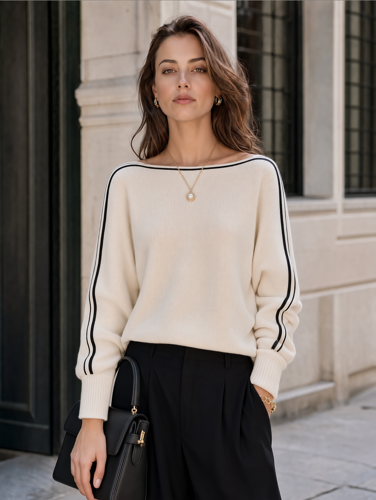 Contrast Piping Boat Neck Knit Sweater