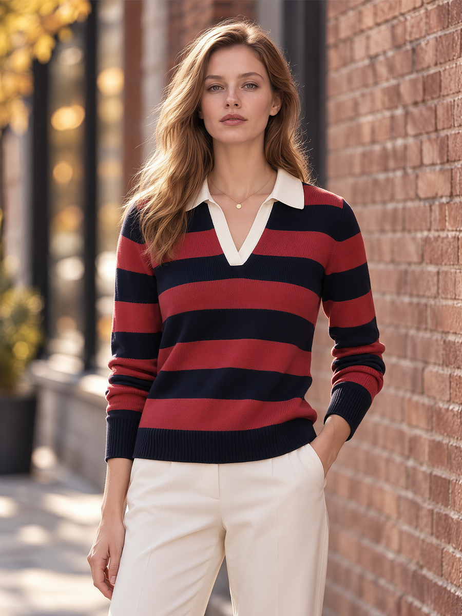 Contrast White Collar Striped Polo Knit Top