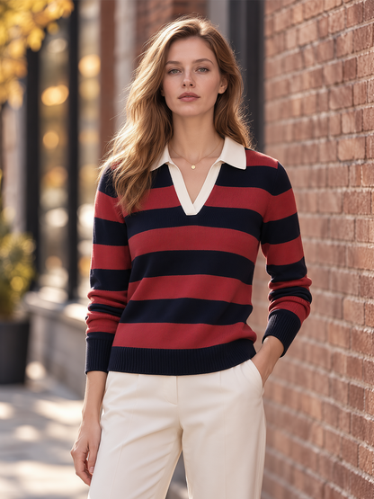 Contrast White Collar Striped Polo Knit Top