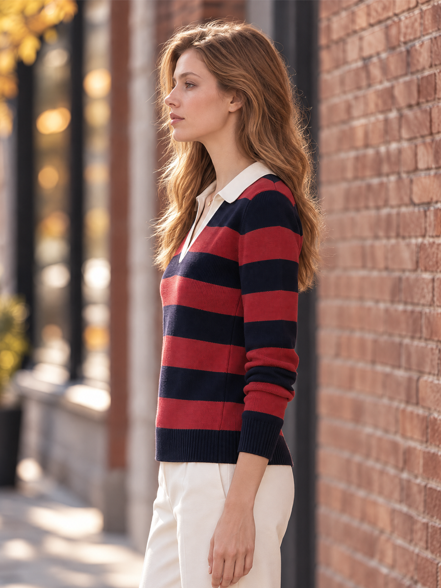 Contrast White Collar Striped Polo Knit Top