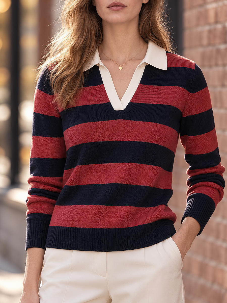 Contrast White Collar Striped Polo Knit Top