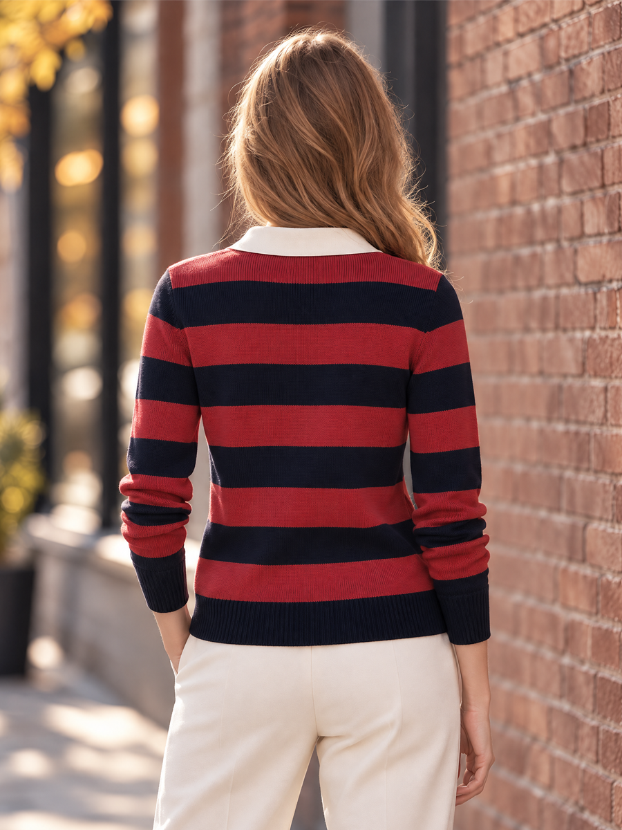 Contrast White Collar Striped Polo Knit Top