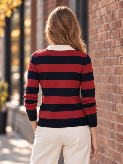 Contrast White Collar Striped Polo Knit Top