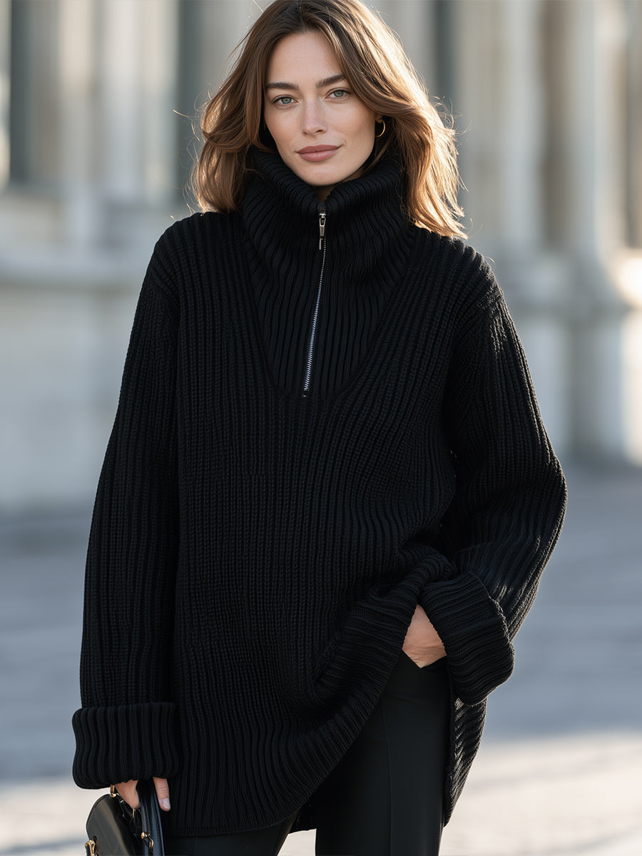 Oversized Ribbed Knit Half-Zip Turtleneck Sweater