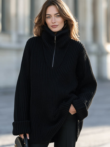 Oversized Ribbed Knit Half-Zip Turtleneck Sweater