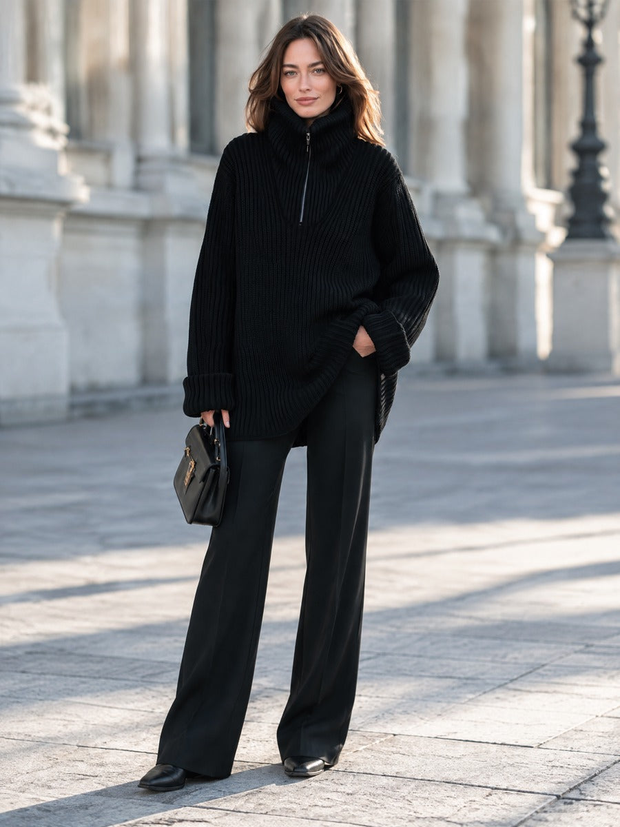 Oversized Ribbed Knit Half-Zip Turtleneck Sweater